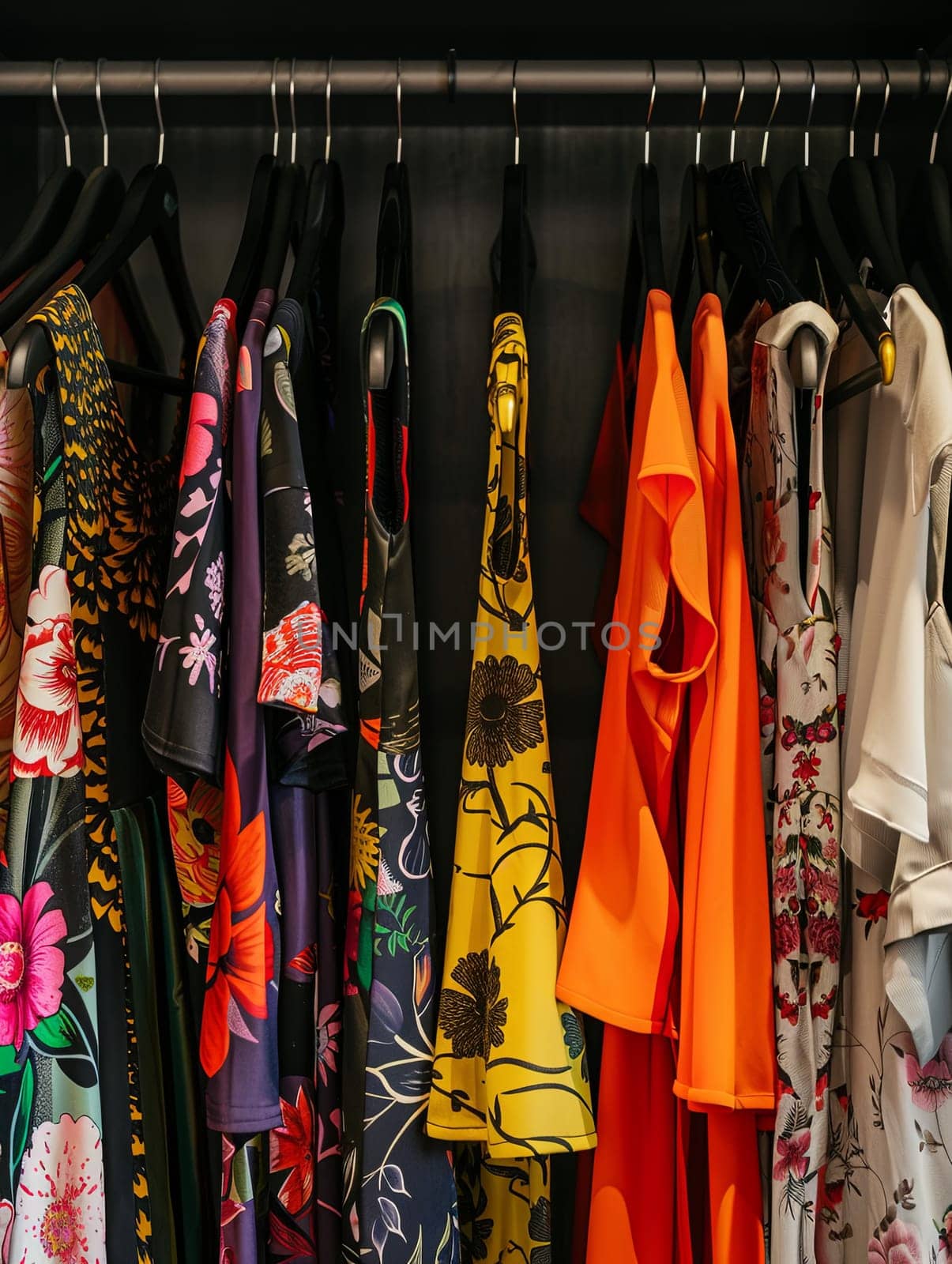 Fashionable womens closet wallpaper with a rack of summer dresses and shirts on hangers.