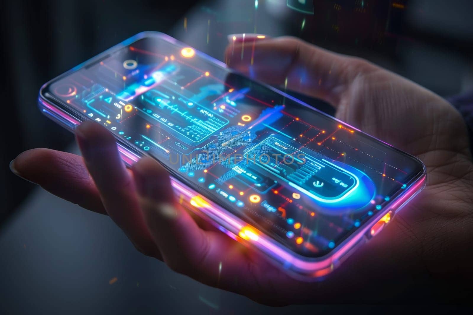 Artificial Intelligence smartphone with an interface translucent screen, technology futuristic