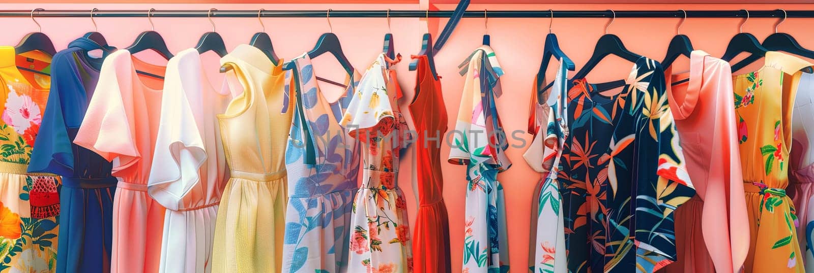 Fashionable womens closet wallpaper featuring a rack of summer dresses and shirts hanging on wall hangers, creative concept of a womens clothing showroom or designer dresses store.