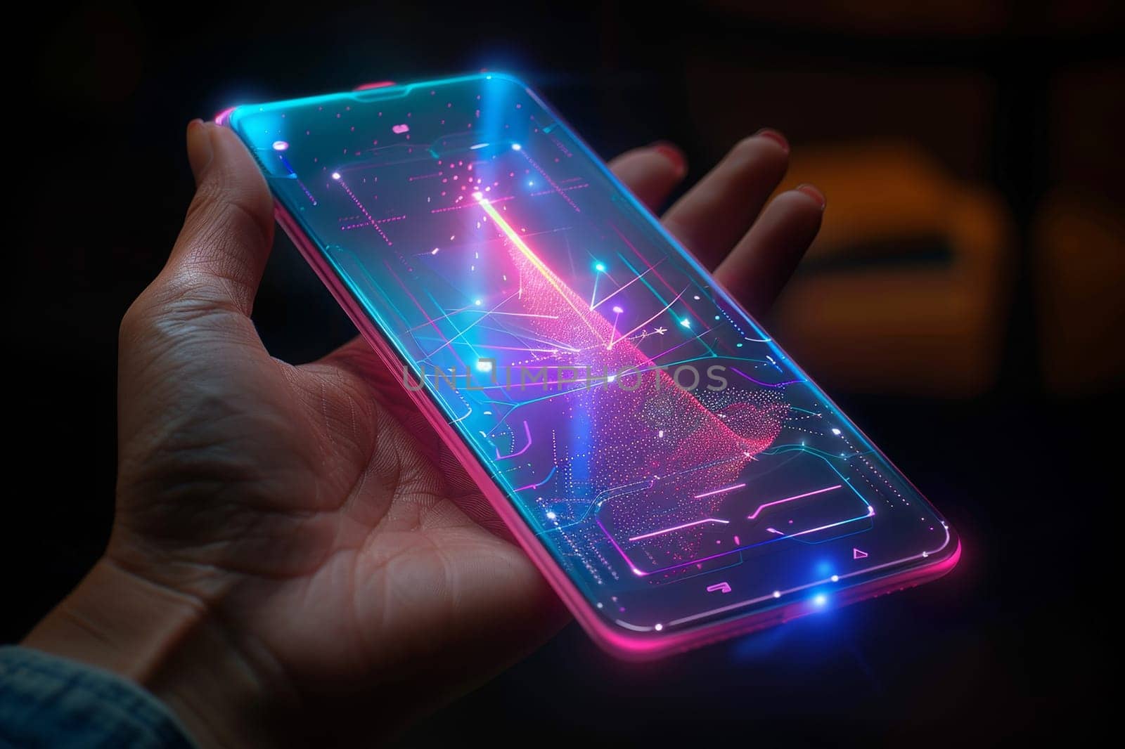 Artificial Intelligence smartphone with an interface translucent screen, technology futuristic