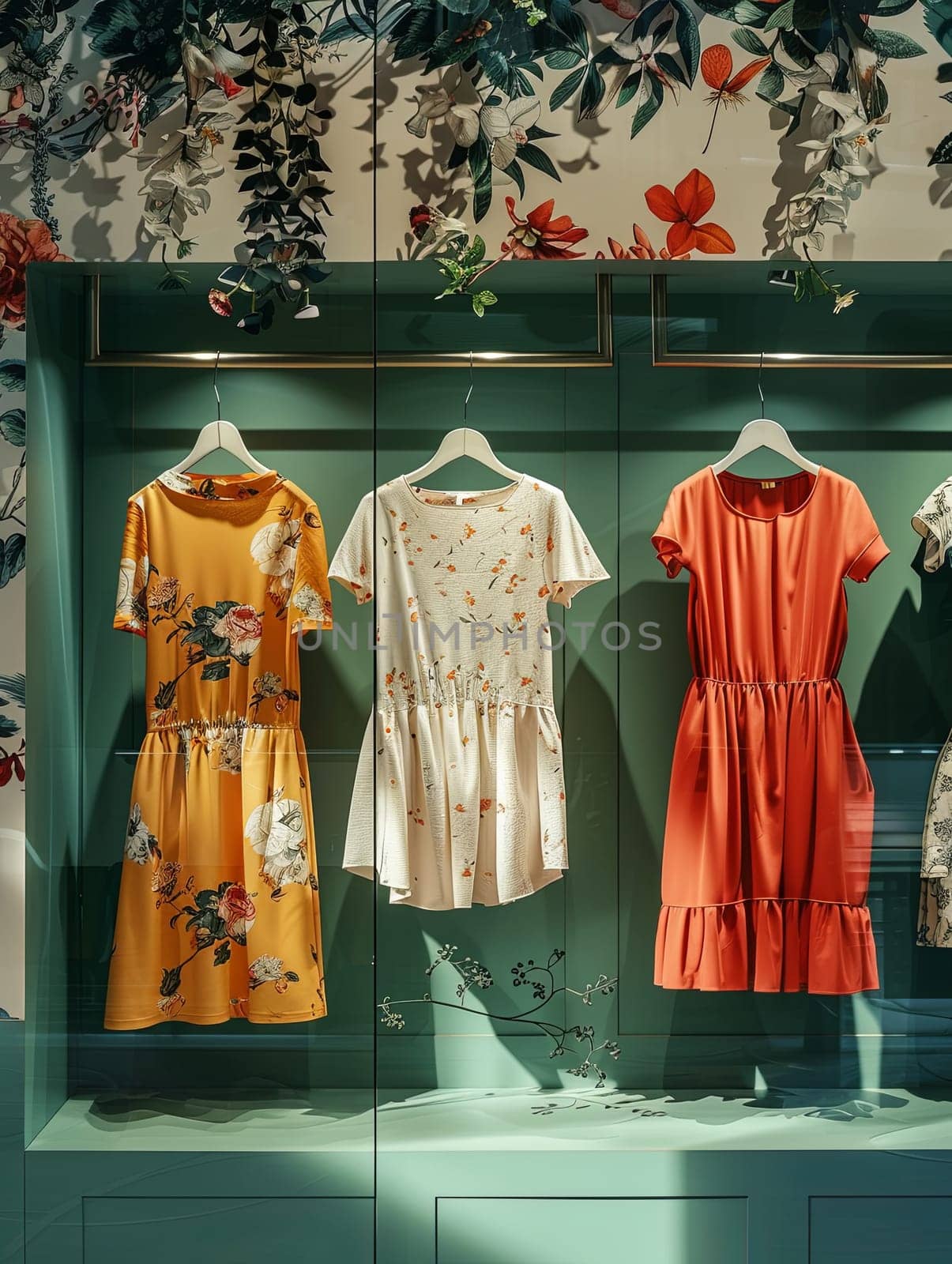 A display case showcasing a variety of dresses and shirts on hangers in a fashionable womens closet wallpaper setting.