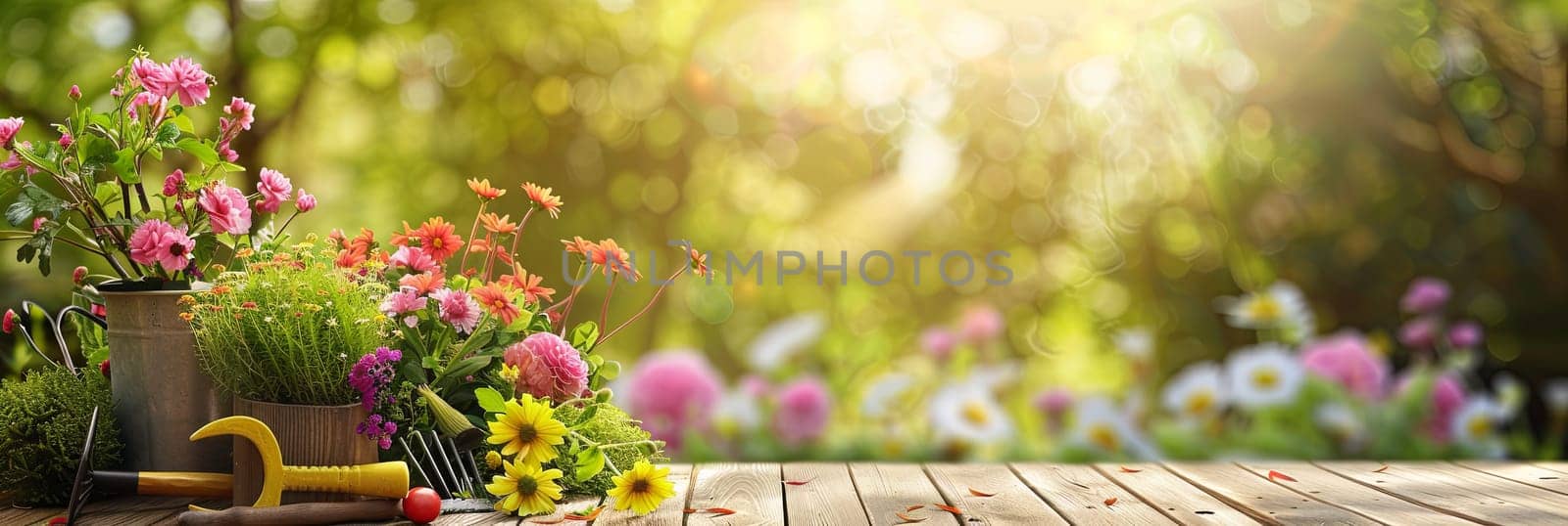 A variety of vibrant flowers and garden tools arranged neatly on a wooden table with a blurred natural background.
