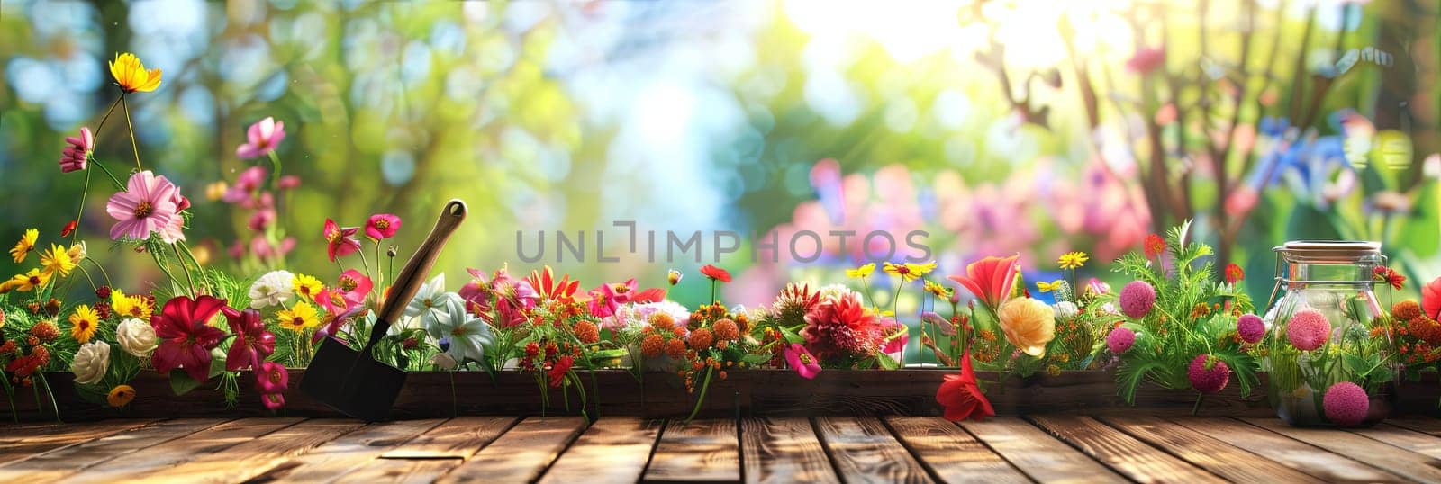 Colorful flowers and garden tools arranged on a wooden table against a blurred natural background.