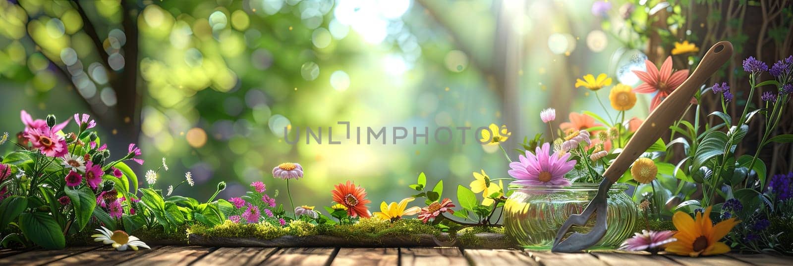 A wooden table displaying a jar filled with colorful flowers, surrounded by garden tools, against a blurred natural background.