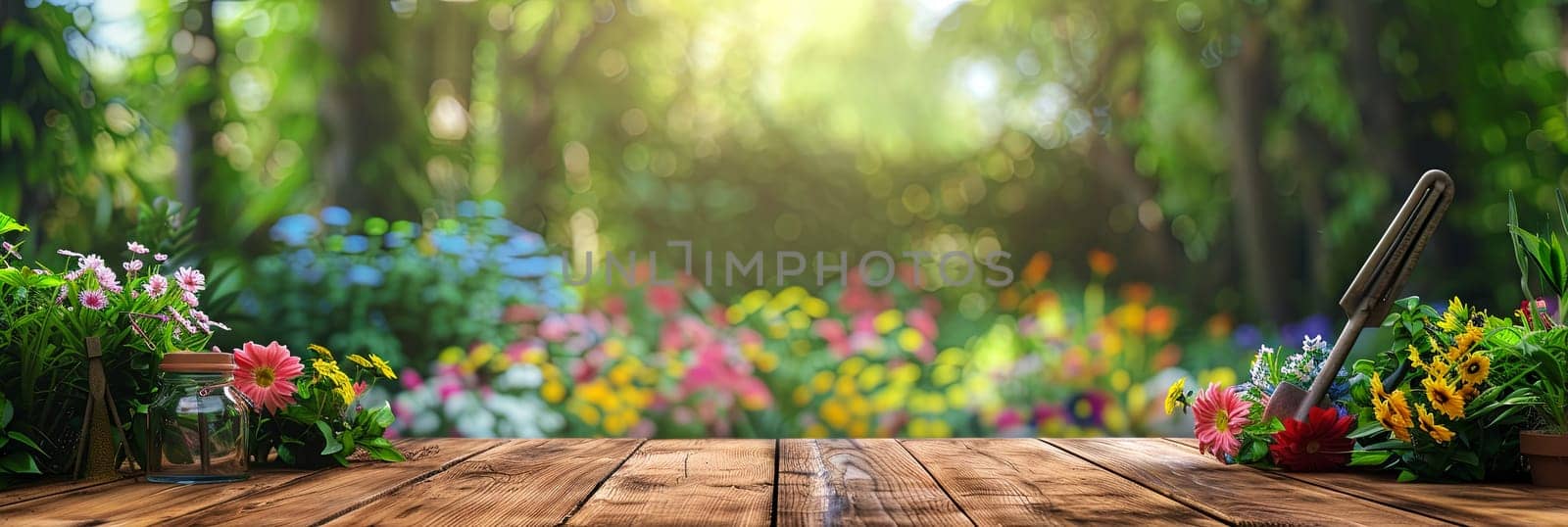 A wooden table adorned with an assortment of vibrant flowers and garden tools on a blurred natural backdrop.