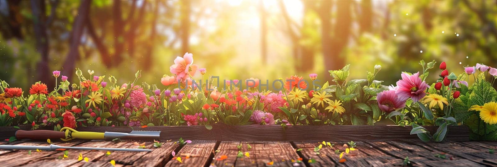 A wooden table is covered with a variety of colorful flowers and garden tools, set against a blurred natural background.