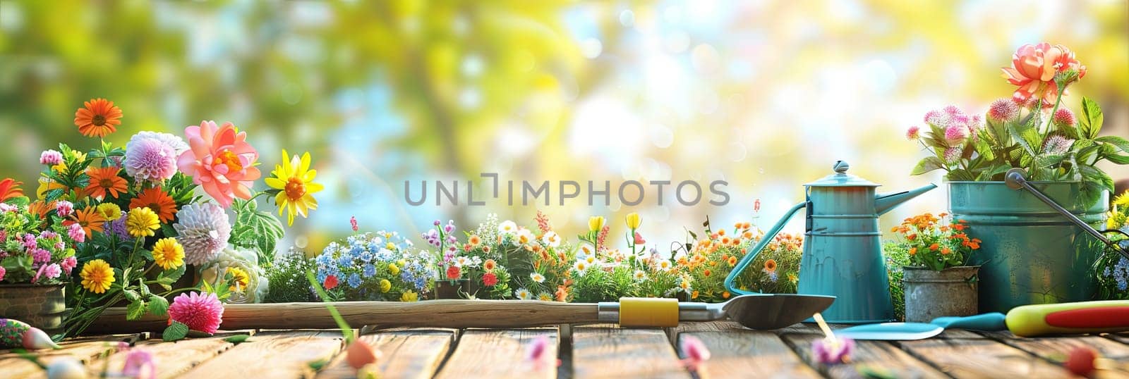 A wooden table displaying an assortment of colorful flowers and garden tools against a blurred natural background.