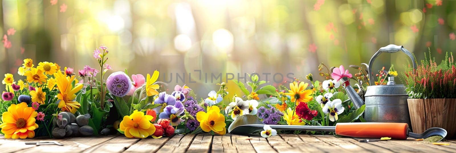 A wooden table is covered with an array of vibrant flowers and gardening tools, set against a blurred natural background.