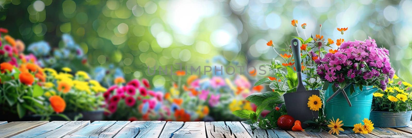 A wooden table is adorned with a vibrant display of diverse flowers, creating a striking and cheerful scene against a blurred natural backdrop.