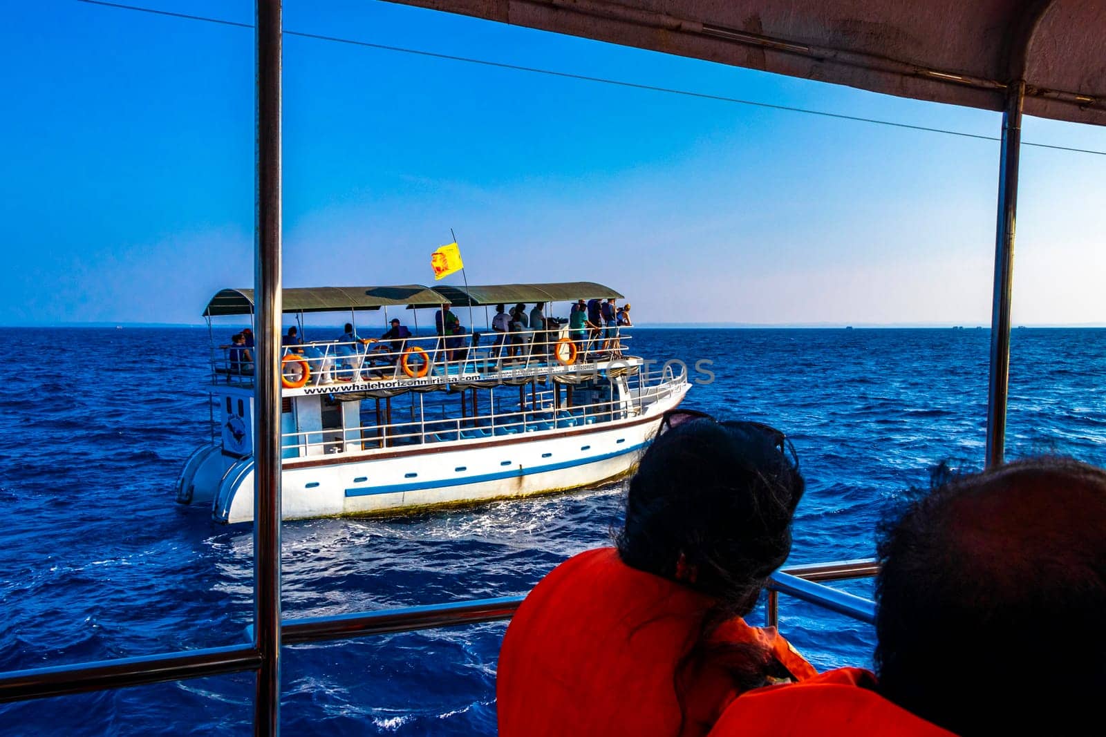 Mirissa Beach Southern Province Sri Lanka 19. March 2018 Mirissa Fisheries Harbor with boat boats ships catamaran to blue whale tour in Mirissa Beach Matara District Southern Province Sri Lanka.