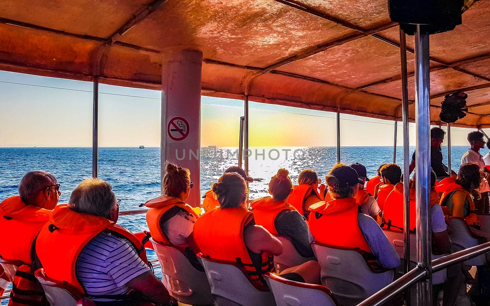 Mirissa Beach Southern Province Sri Lanka 19. March 2018 Boat trip catamaran ship tour blue whale tourists people and sea ocean and water in Mirissa Beach Matara District Southern Province Sri Lanka.