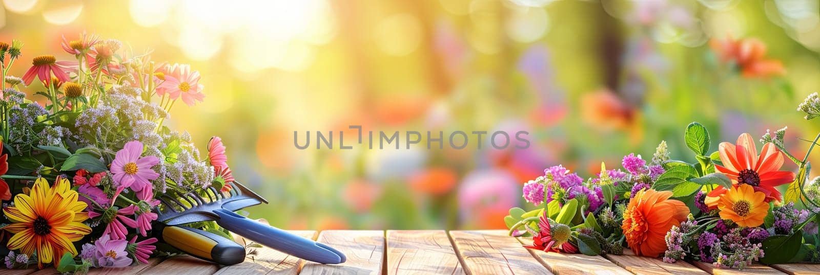 Wooden table filled with an abundance of colorful flowers, garden tools scattered around, against a blurred natural backdrop.