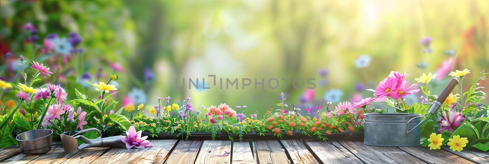 A wooden table is adorned with an array of vibrant flowers and garden tools, set against a blurred natural backdrop.