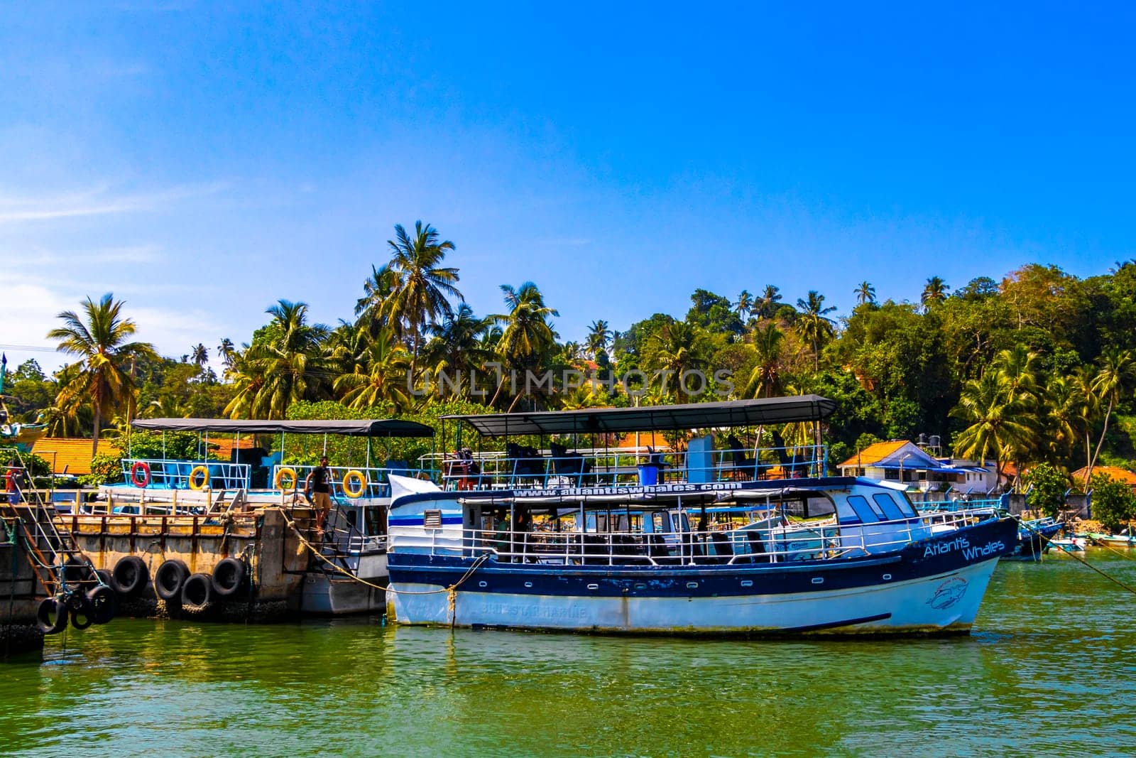 Mirissa Beach Southern Province Sri Lanka 19. March 2018 Mirissa Fisheries Harbor with boat boats ships catamaran to blue whale tour in Mirissa Beach Matara District Southern Province Sri Lanka.