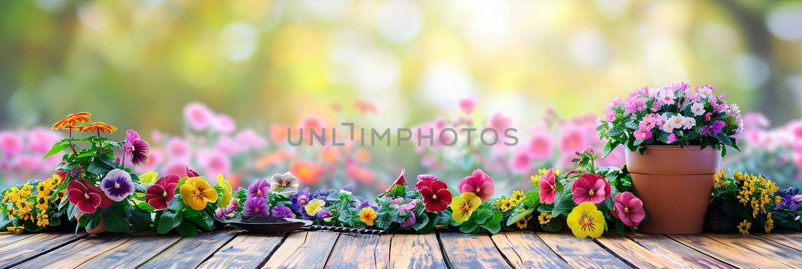 A wooden table displaying a potted plant filled with colorful flowers, surrounded by garden tools, against a blurred natural background.