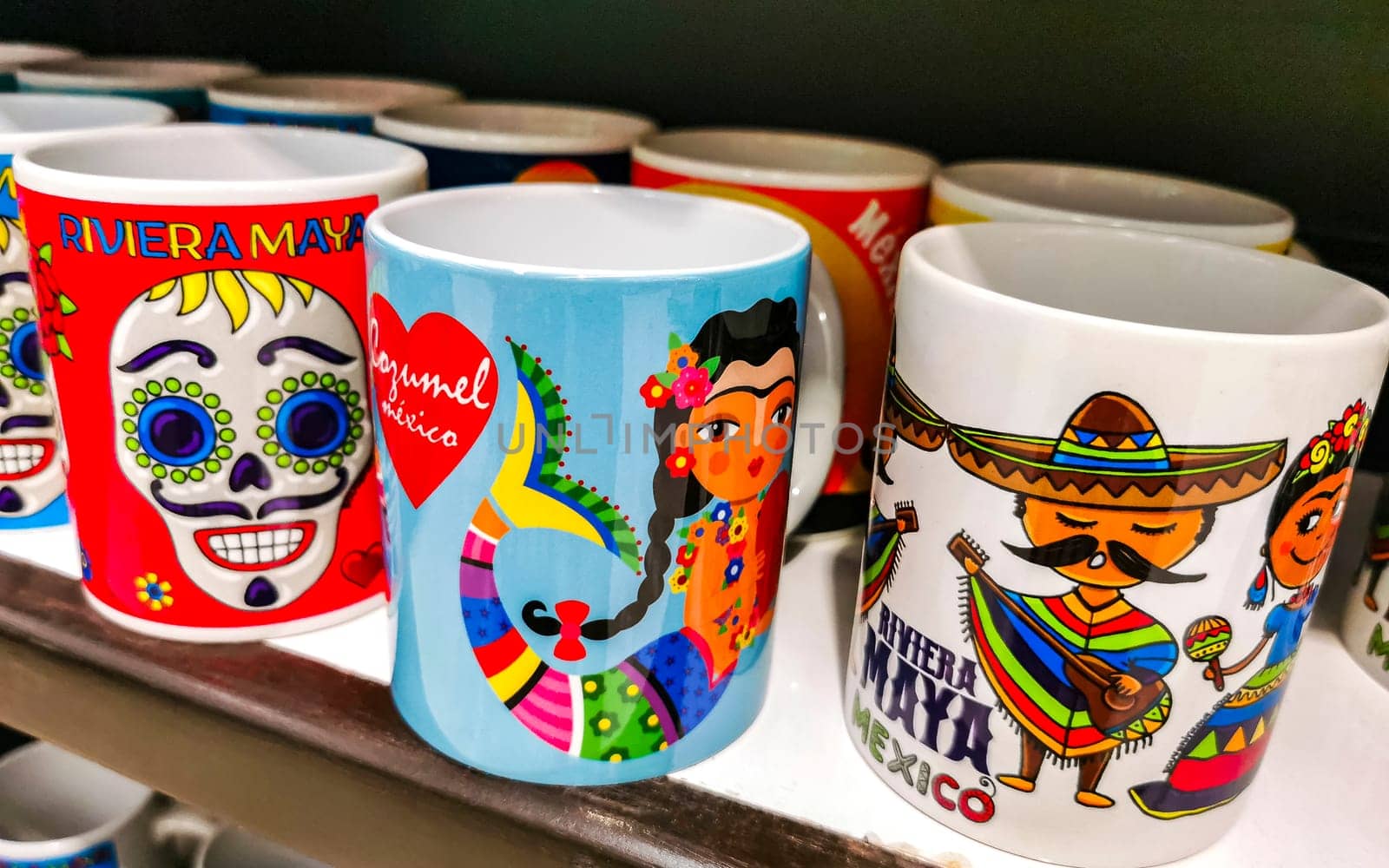 Mexican Mayan souvenirs cups supermarket shelf Playa del Carmen Mexico. by Arkadij