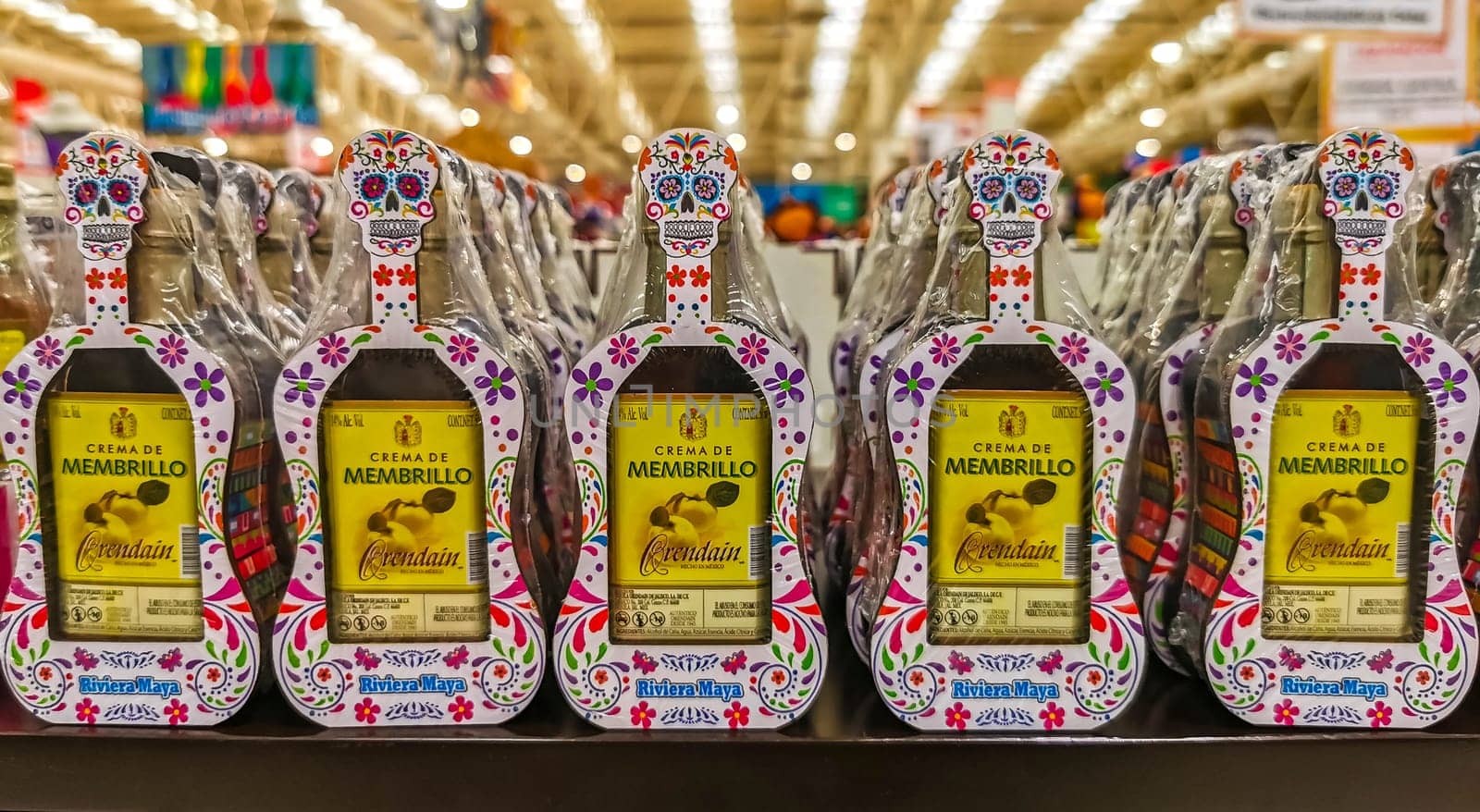 Playa del Carmen Quintana Roo Mexico 14. May 2021 Mexican and Mayan souvenirs on the supermarket shelf in Playa del Carmen Quintana Roo Mexico.