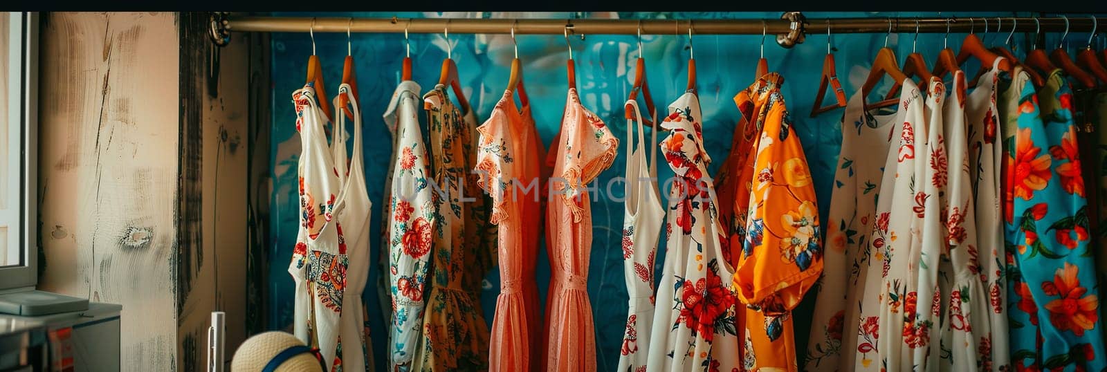 Assorted scarves in various colors and patterns are neatly displayed on a rack in a womens clothing showroom.