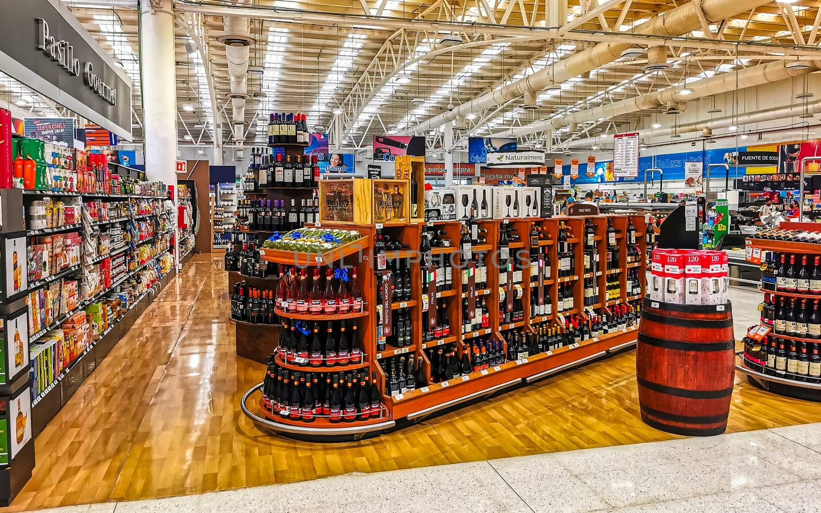 Supermarket from the inside Shelves Goods People Shopping carts Products Aisles in Playa del Carmen Quintana Roo Mexico.