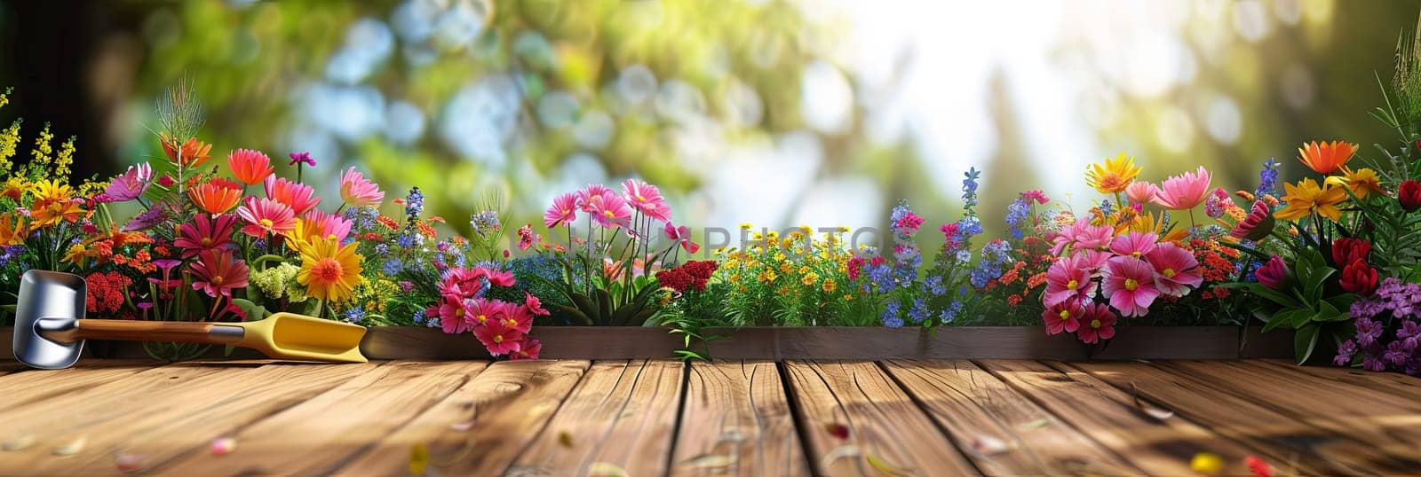 A wooden table adorned with an assortment of vibrant flowers, set against a blurred garden backdrop.