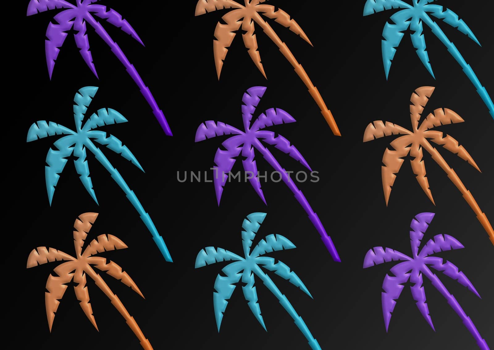 Illustration of palmtrees with different colors, on a black background.