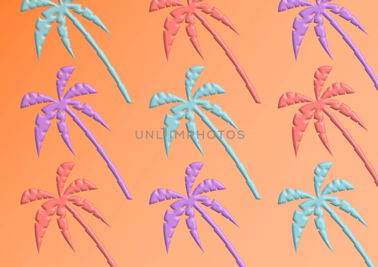 Illustration of palmtrees with different colors, on a peach background.