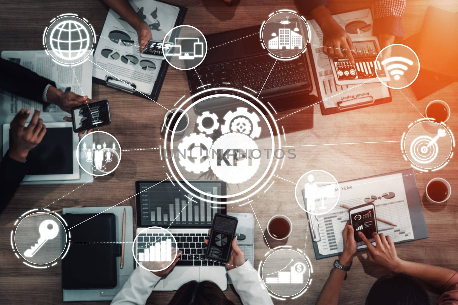 KPI Key Performance Indicator for Business Concept - Modern graphic interface showing symbols of job target evaluation and analytical numbers for marketing KPI management. uds