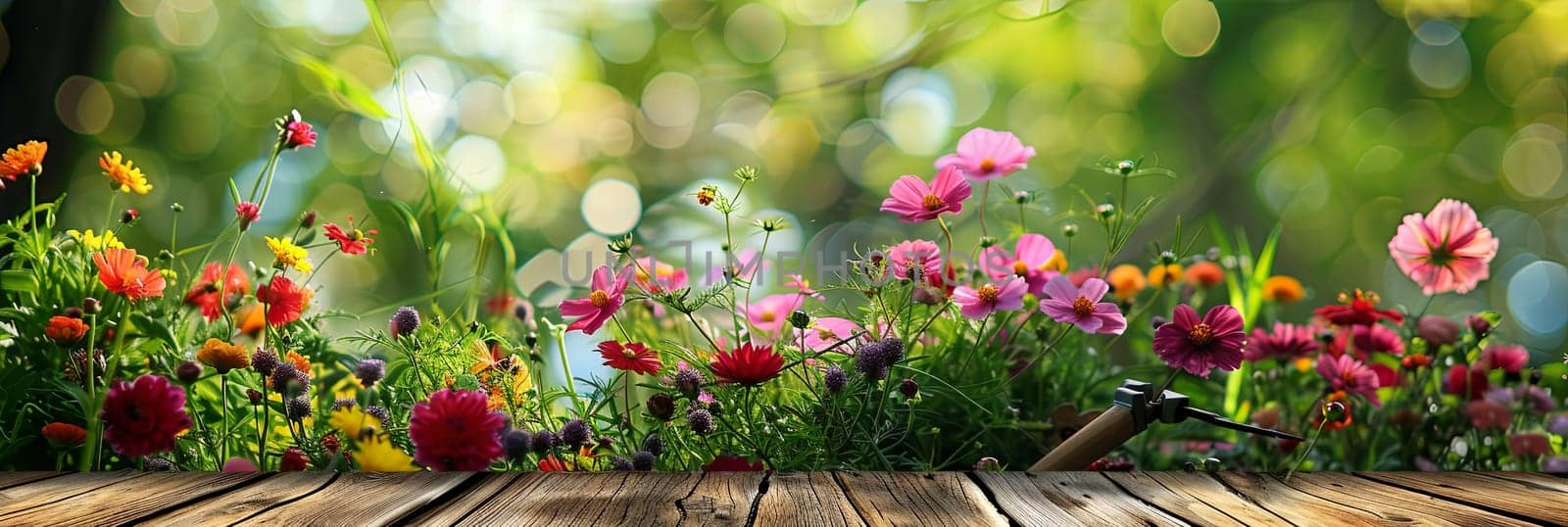 A variety of vibrant flowers arranged on a wooden table, with garden tools scattered around, against a blurred natural background.