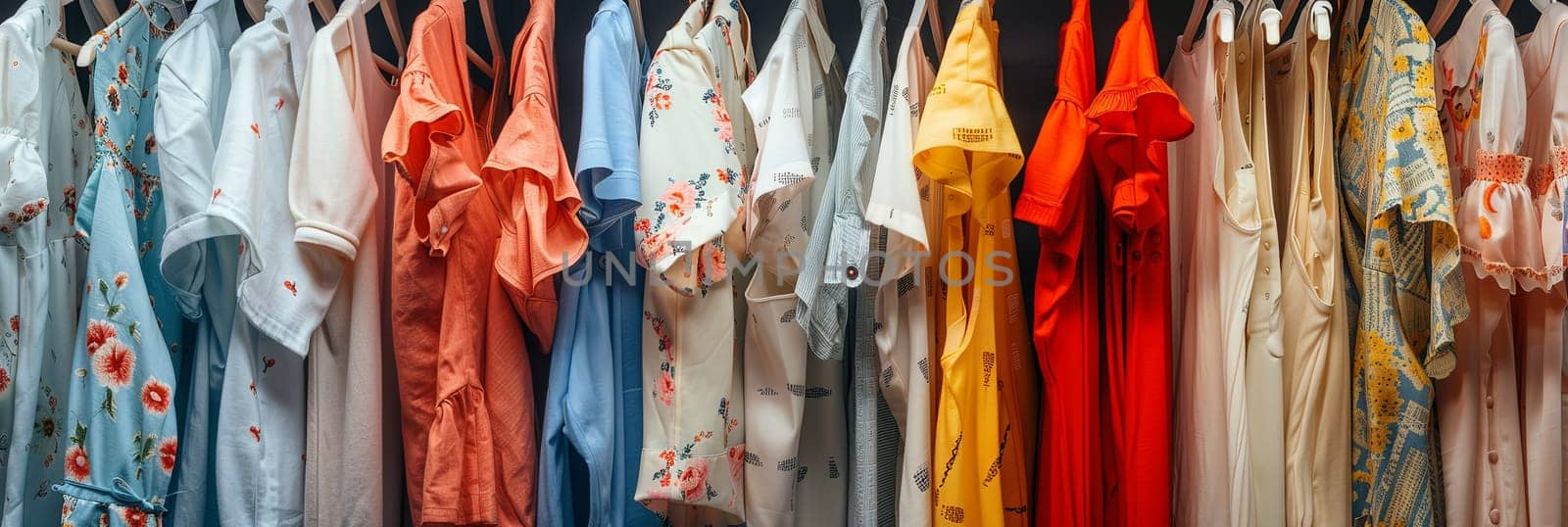 Display of various shirts hanging neatly on a rack, part of a fashionable womens closet wallpaper.