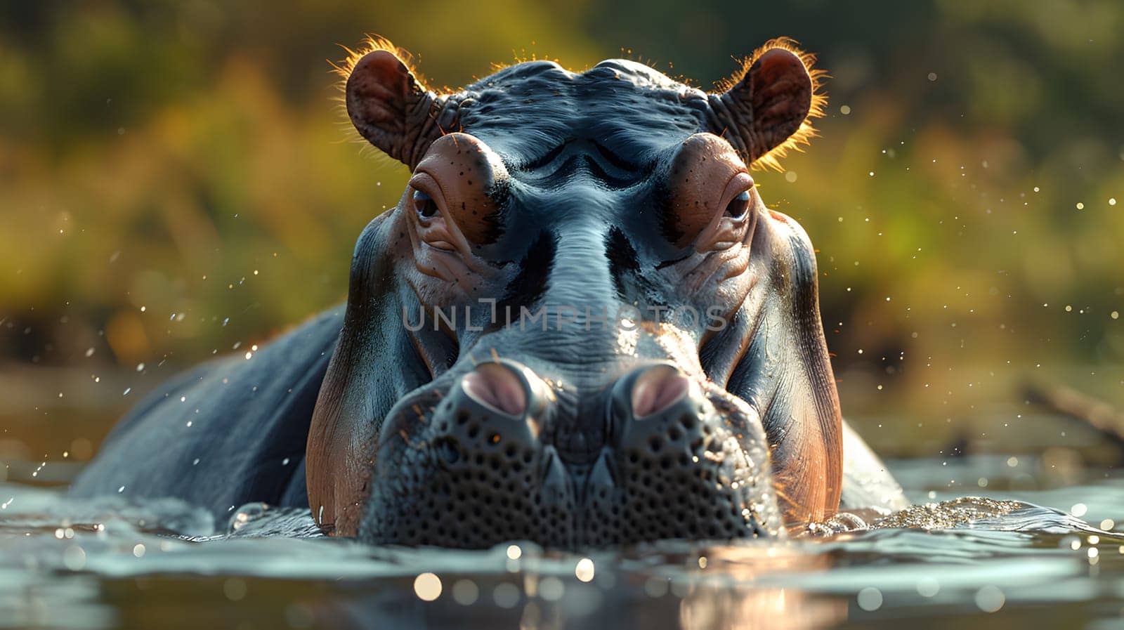A hippopotamus, a terrestrial animal with powerful jaws and a large snout, is swimming in the water, gazing at the camera in its natural aquatic landscape