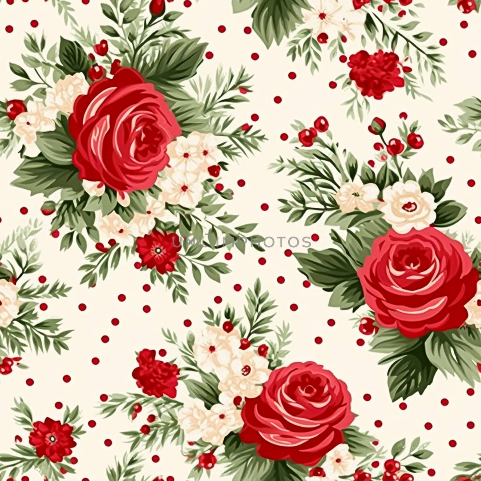 Seamless pattern, tileable Christmas holiday floral, country flowers dots print, English countryside roses for wallpaper, wrapping paper, scrapbook, fabric and product design motif