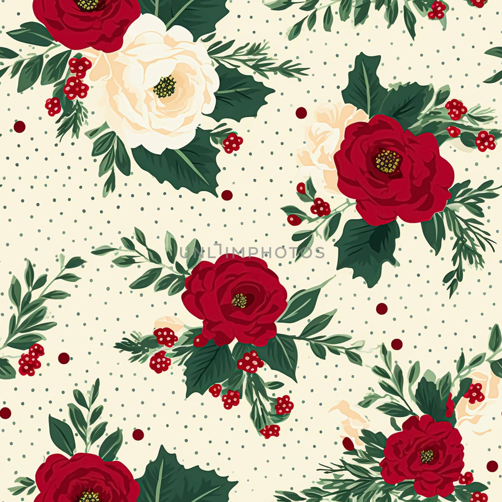 Seamless pattern, tileable Christmas holiday floral, country flowers dots print, English countryside roses for wallpaper, wrapping paper, scrapbook, fabric and product design motif