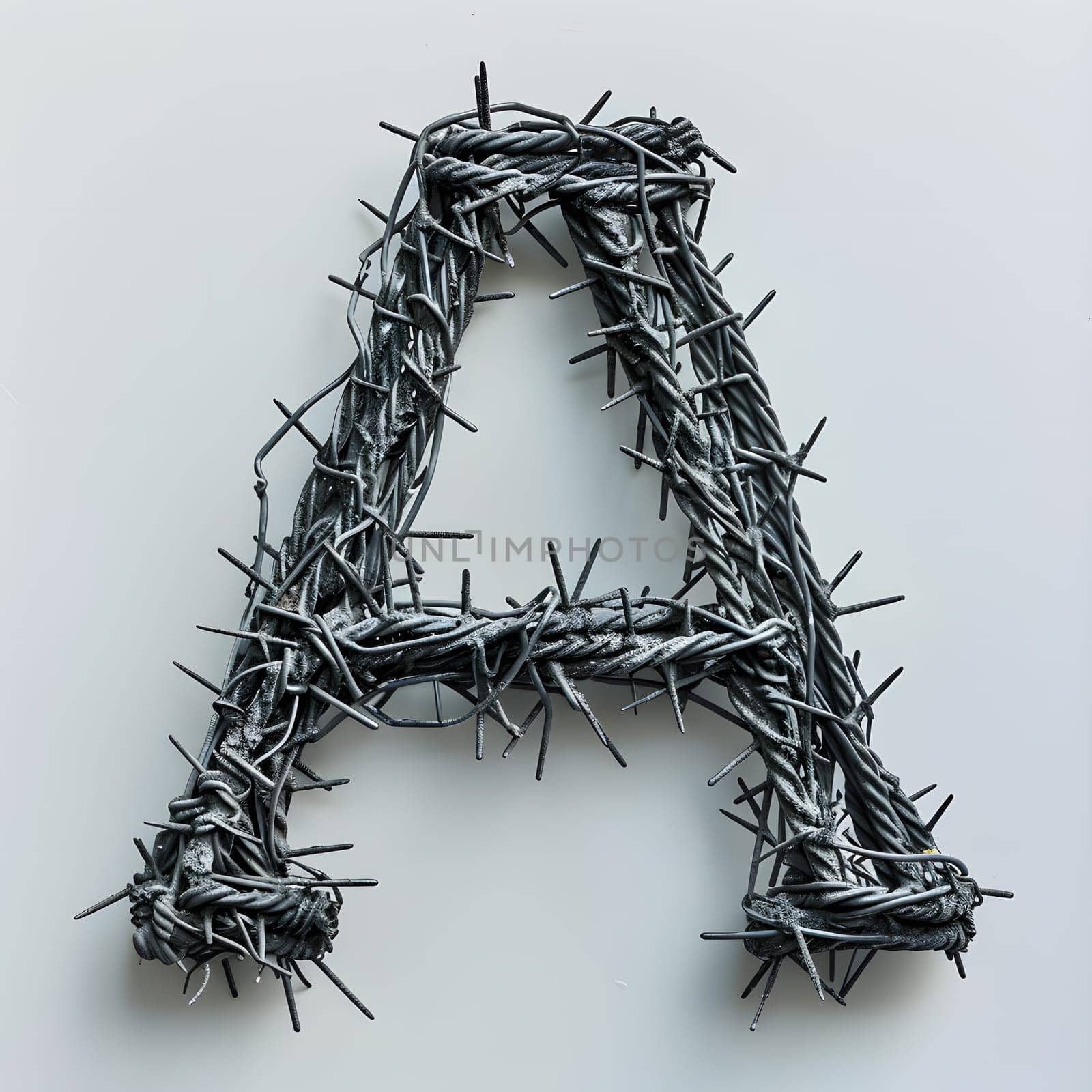 The letter A is crafted from twisted twigs, a natural material resembling barbed wire. It gives off a rustic look, perfect for a naturethemed event or fashion accessory