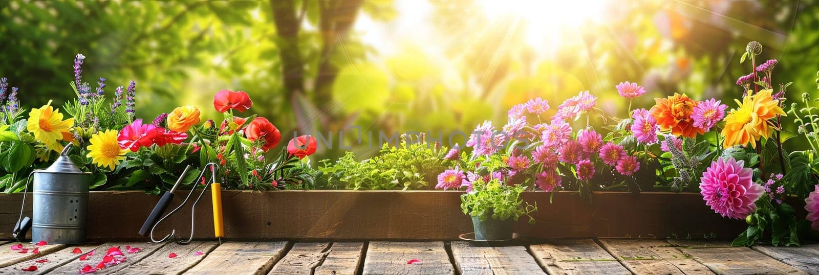 Varying colorful flowers and garden tools arranged neatly on a wooden table, set against a blurred natural background.