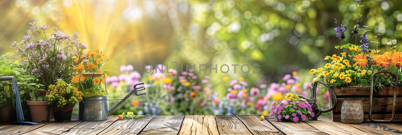 Abundance of colorful flowers and garden tools scattered on a wooden table with a blurred outdoor background.