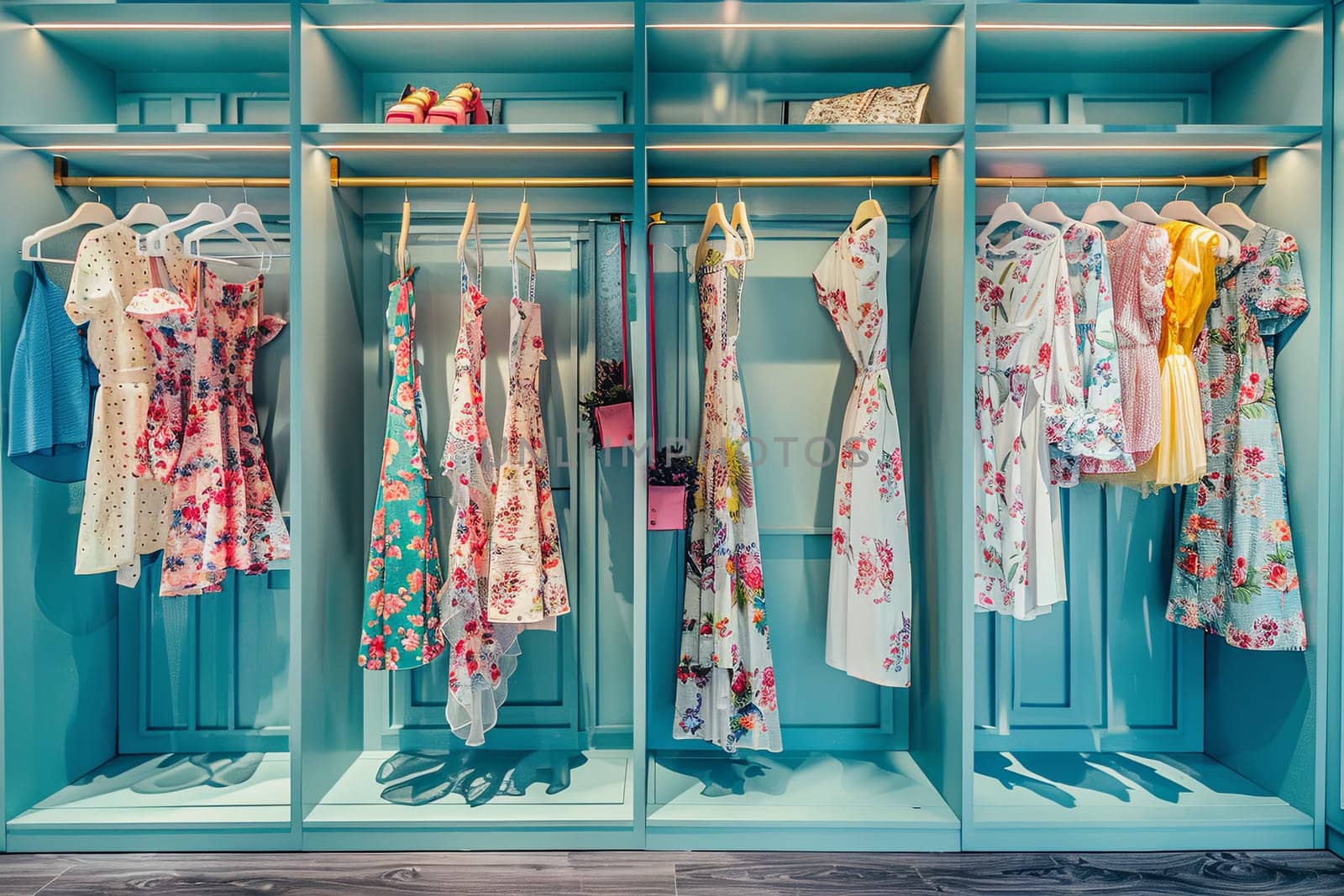 A summer closet filled with dresses and shirts on hangers in a creative concept of a womens clothing showroom.