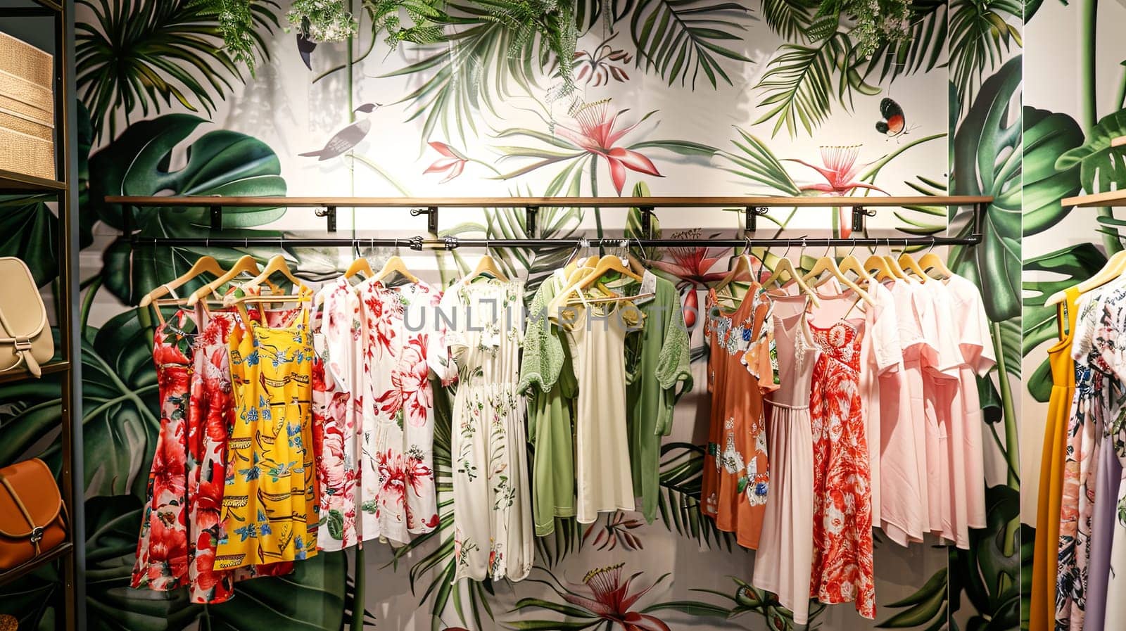 Rack of various dresses and shirts hanging on a wall in a summer closet, creating a stylish display for a womens clothing showroom.