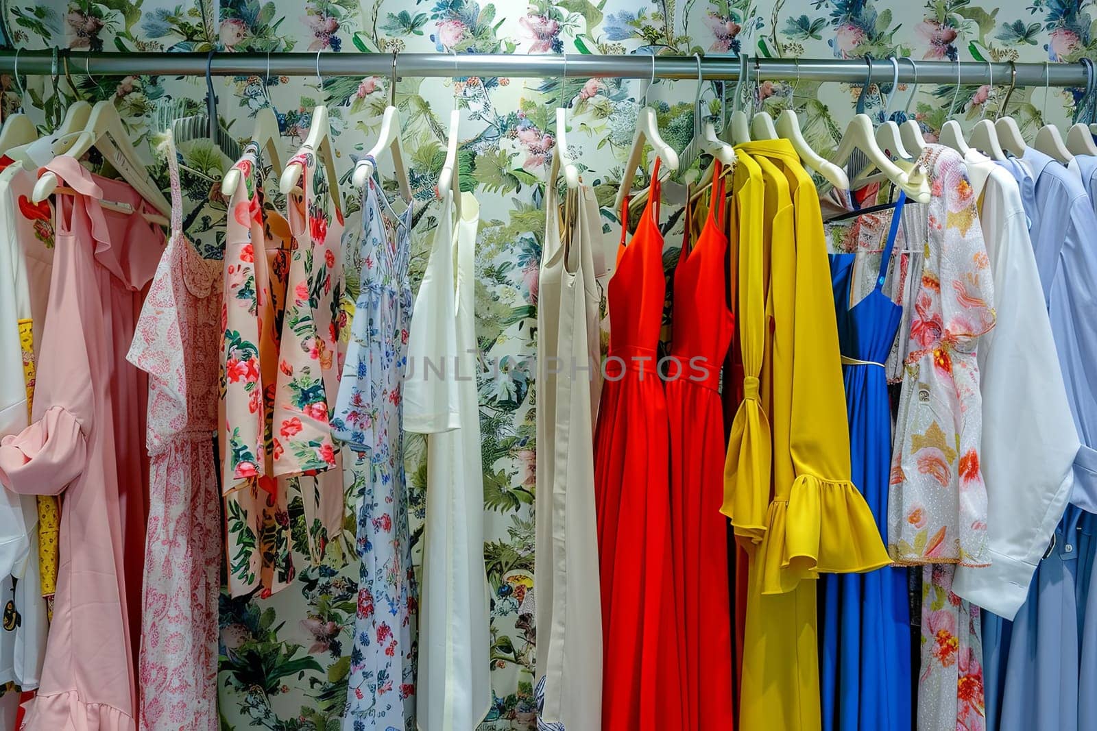 Fashionable womens closet wallpaper with summer dresses and shirts hanging on a rack. Generative AI by AnatoliiFoto