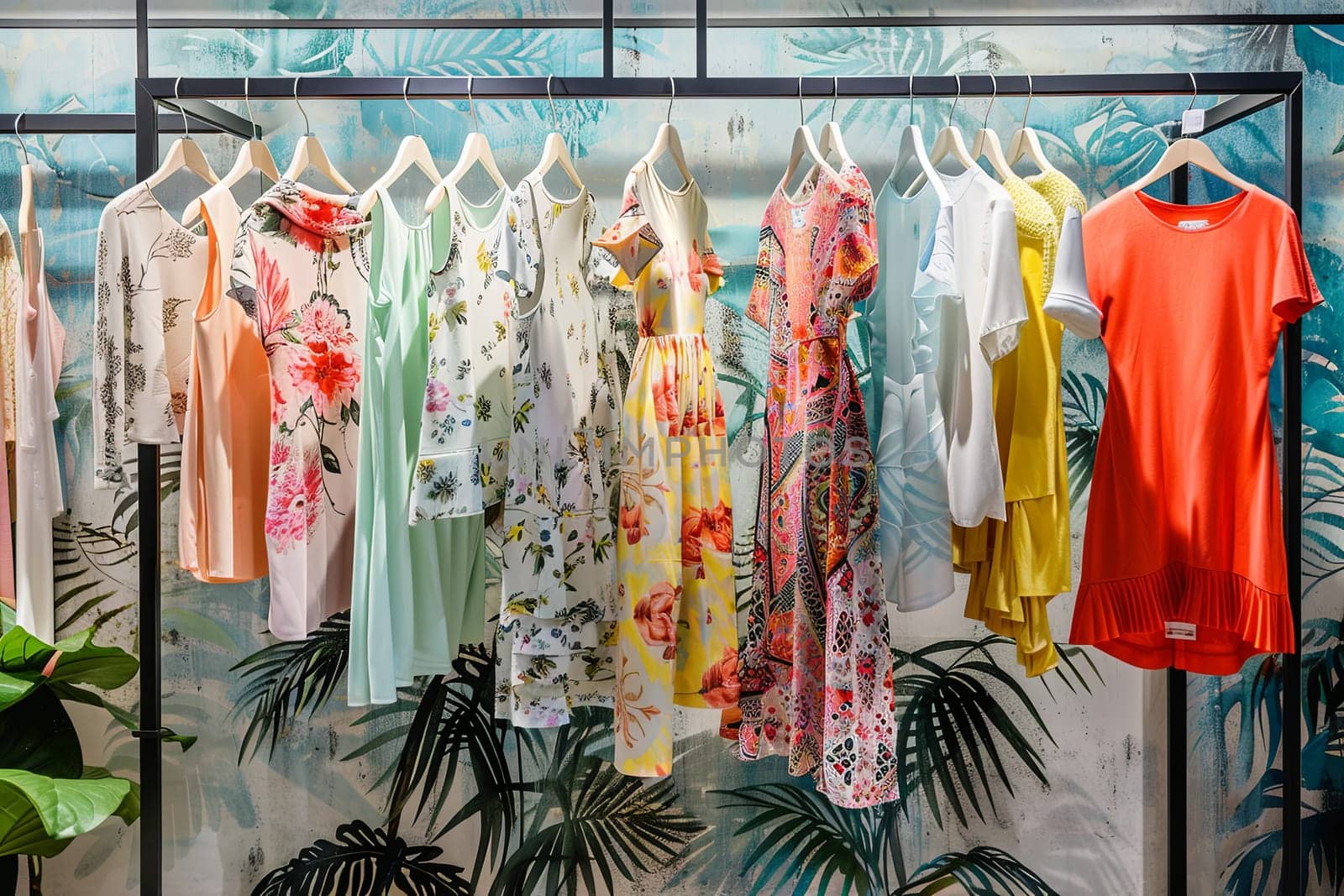 Fashionable womens summer closet wallpaper with dresses and shirts hanging on a wall. Creative concept for a designer dresses store.