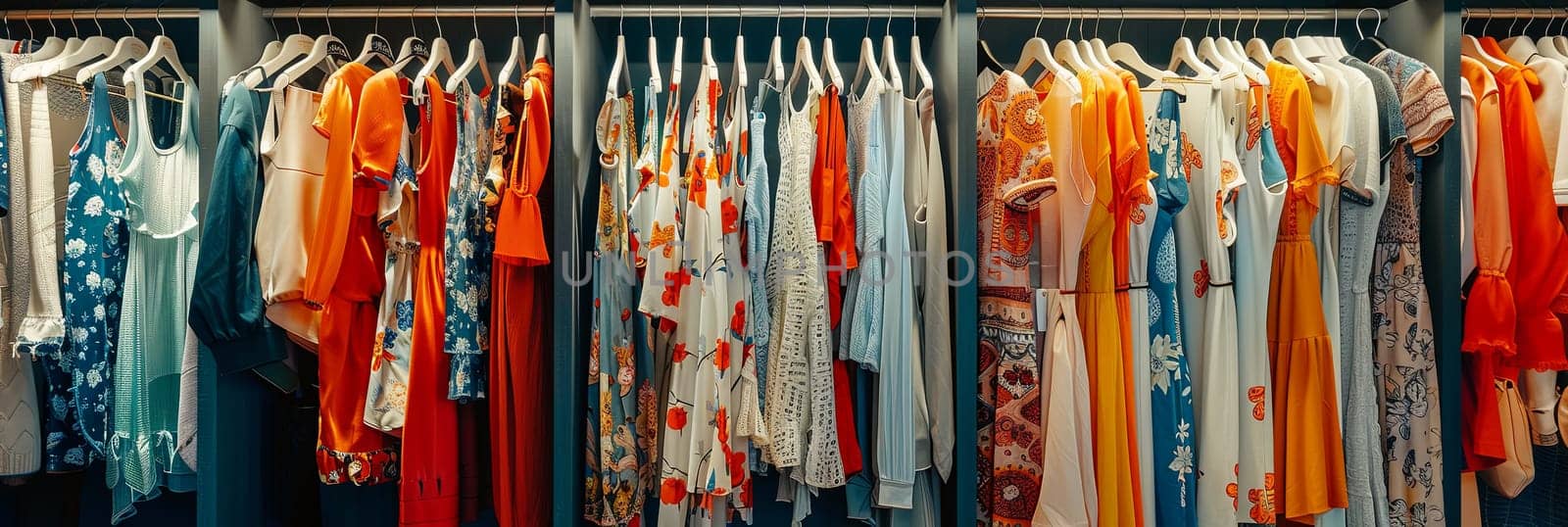 Womens closet with summer dresses and shirts neatly hung on a rack.