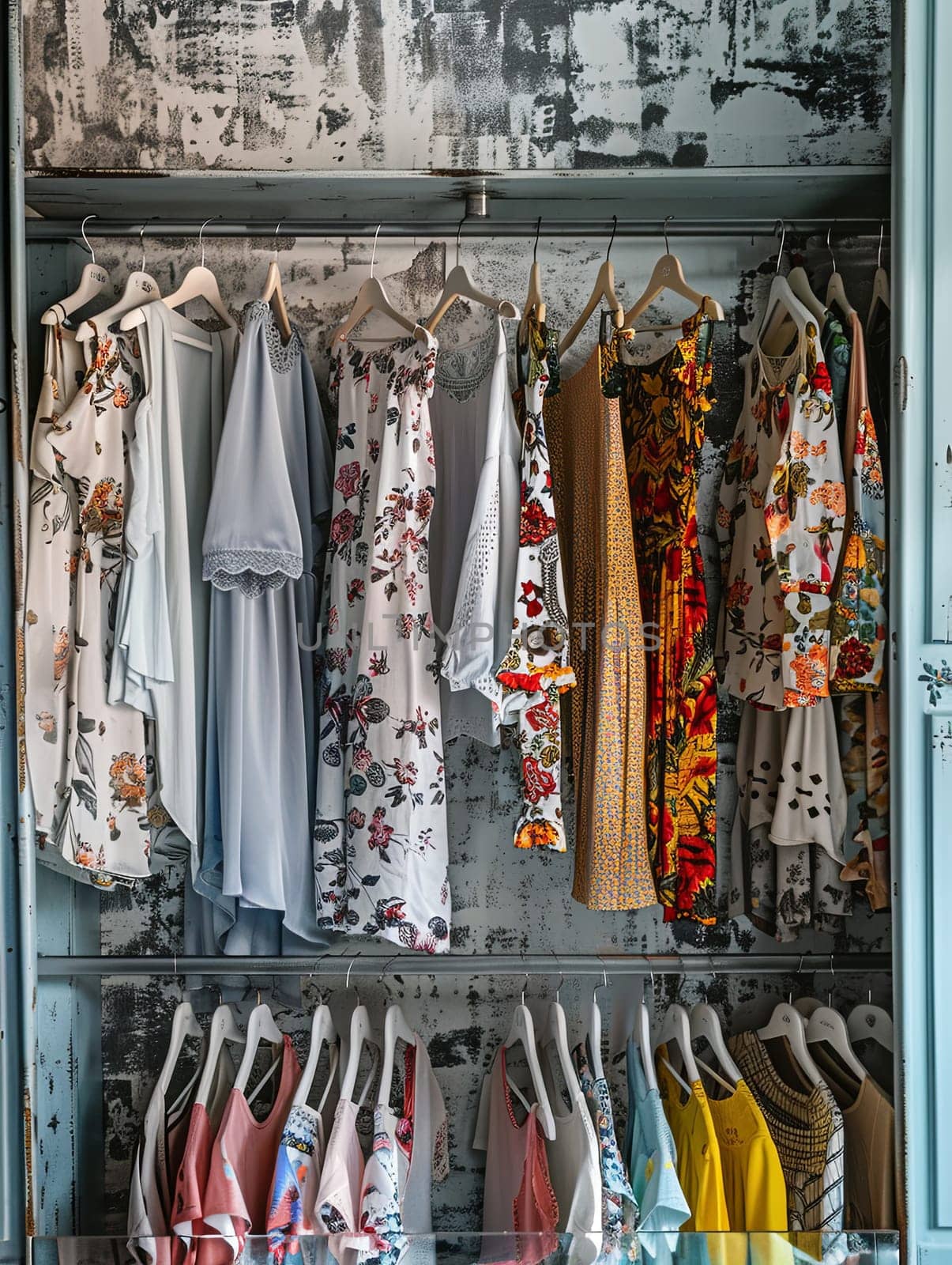 Closet packed with vibrant, summer dresses and shirts on hangers in a fashionable womens clothing showroom.
