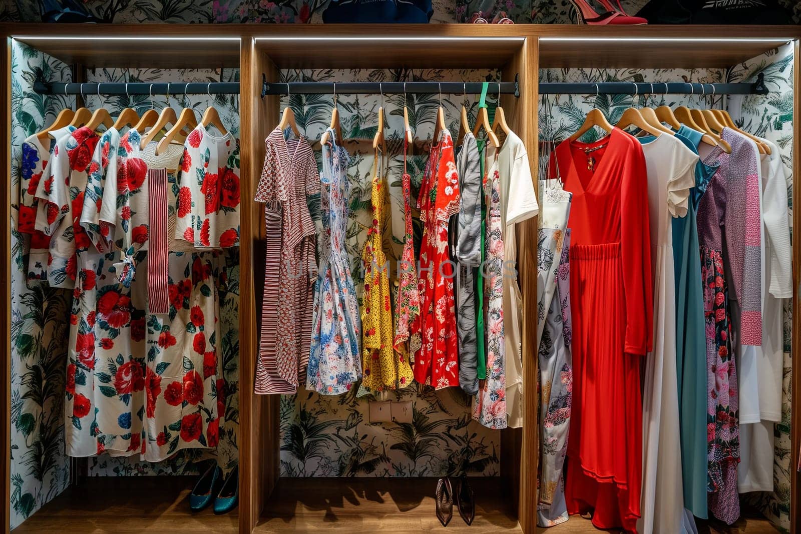 Summer closet wallpaper filled with dresses and shirts on hangers in a fashionable womens clothing showroom.