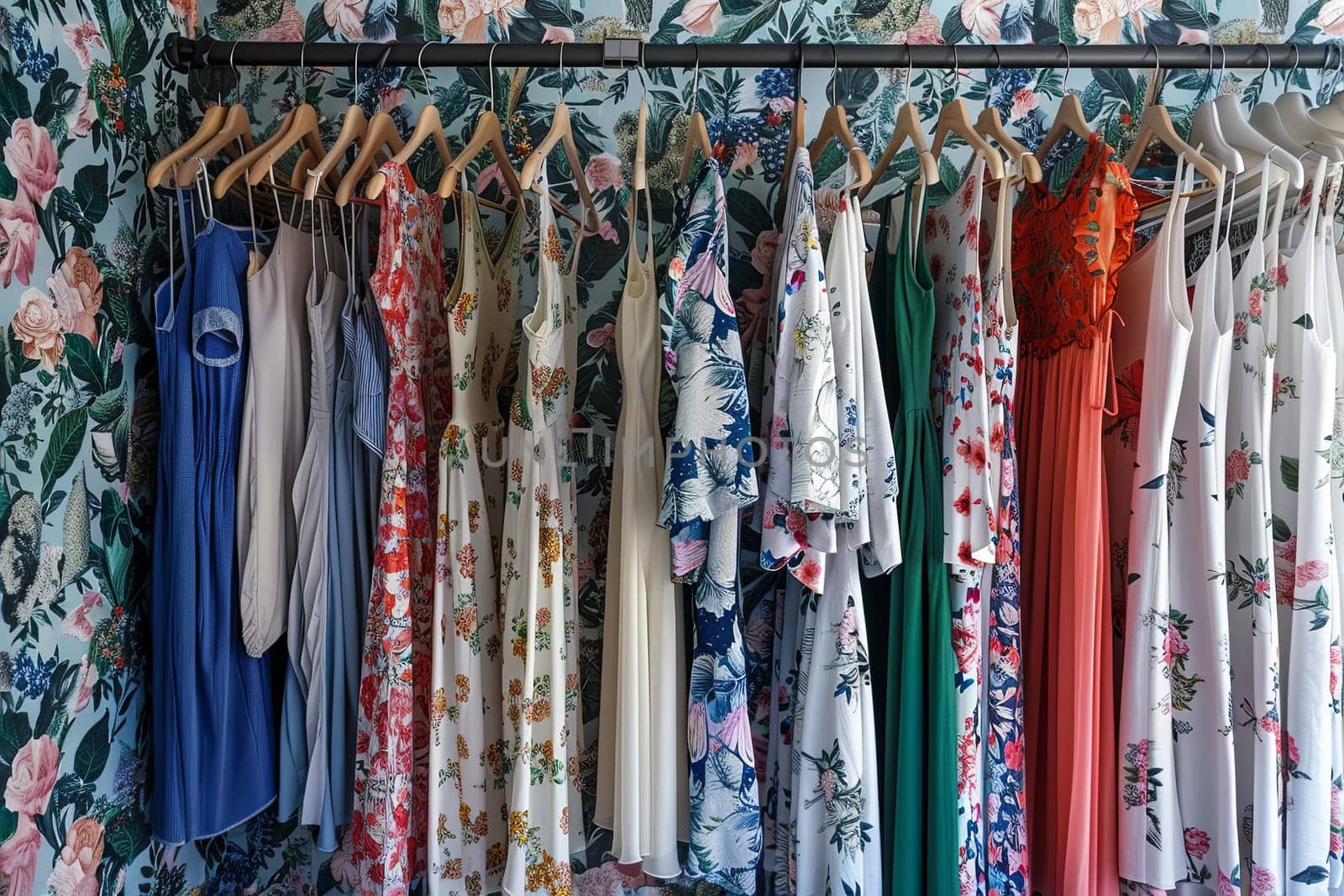 Display of various dresses and shirts hanging on a rack in a fashionable womens closet.