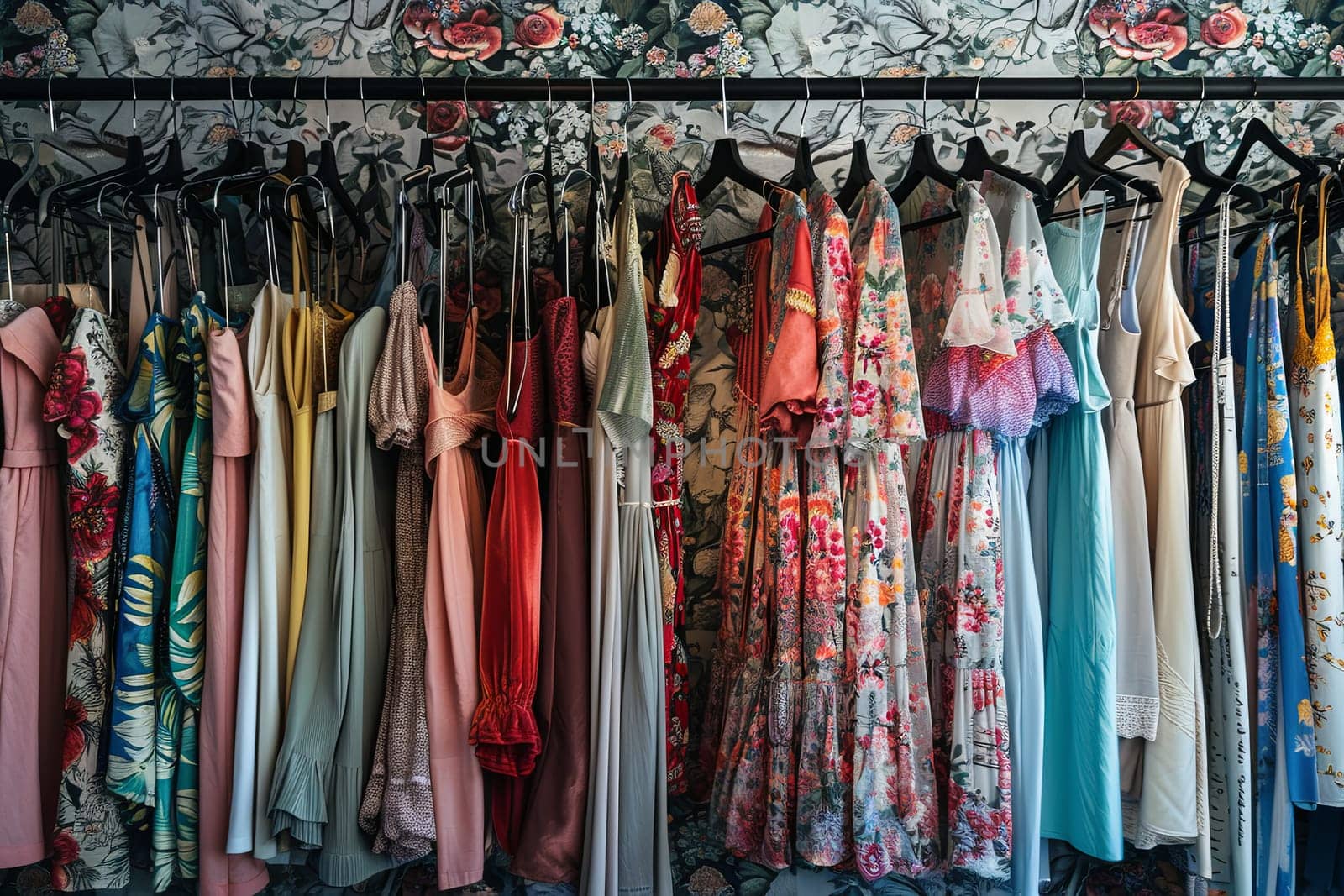 Collection of stylish dresses and shirts displayed on hangers in a fashion showroom.