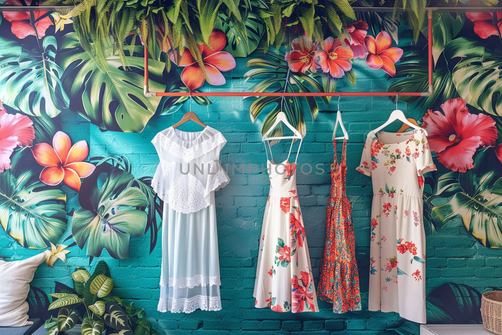 Three stylish dresses are displayed on a rack against a colorful painted wall in a womens clothing showroom.