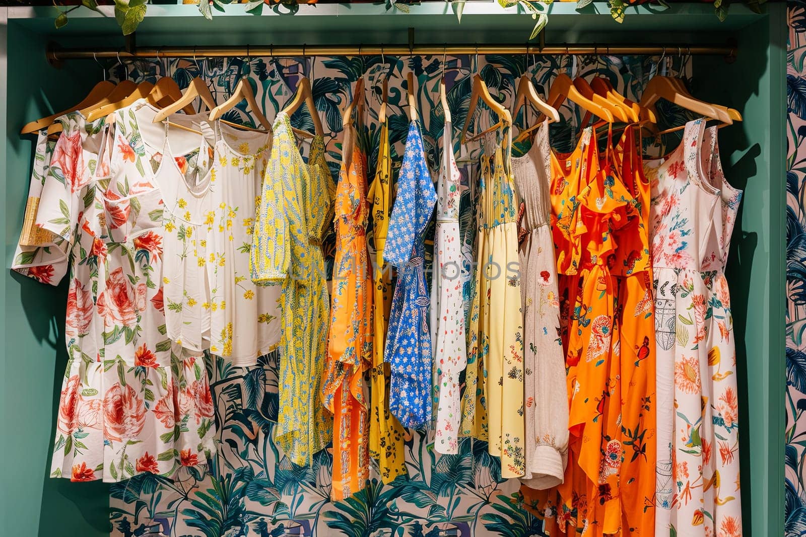 Various dresses and shirts displayed on hangers in a fashionable womens closet. Creative concept of a clothing showroom or designer store. Generative AI by AnatoliiFoto