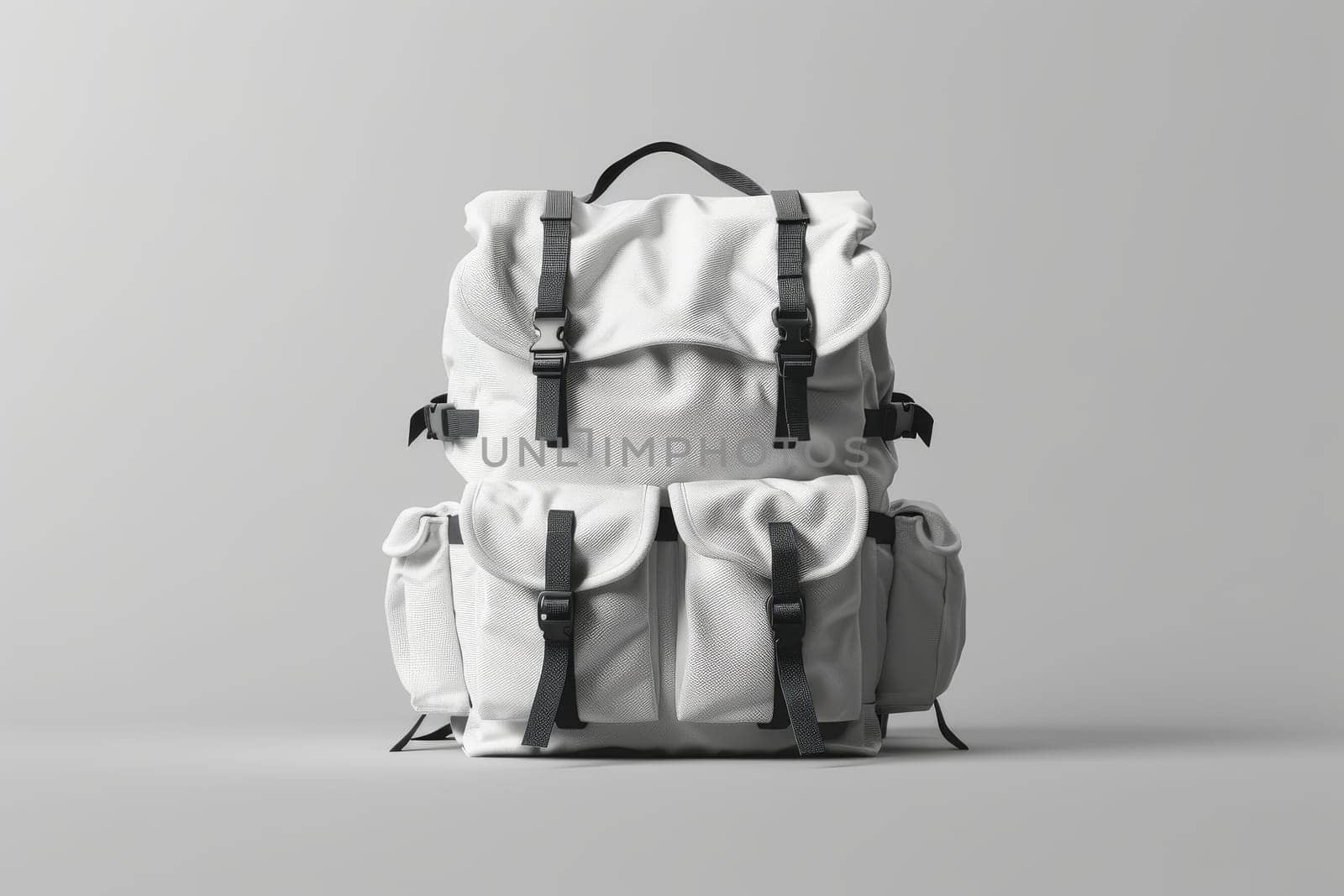 A white backpack with brown straps and a brown buckle by itchaznong