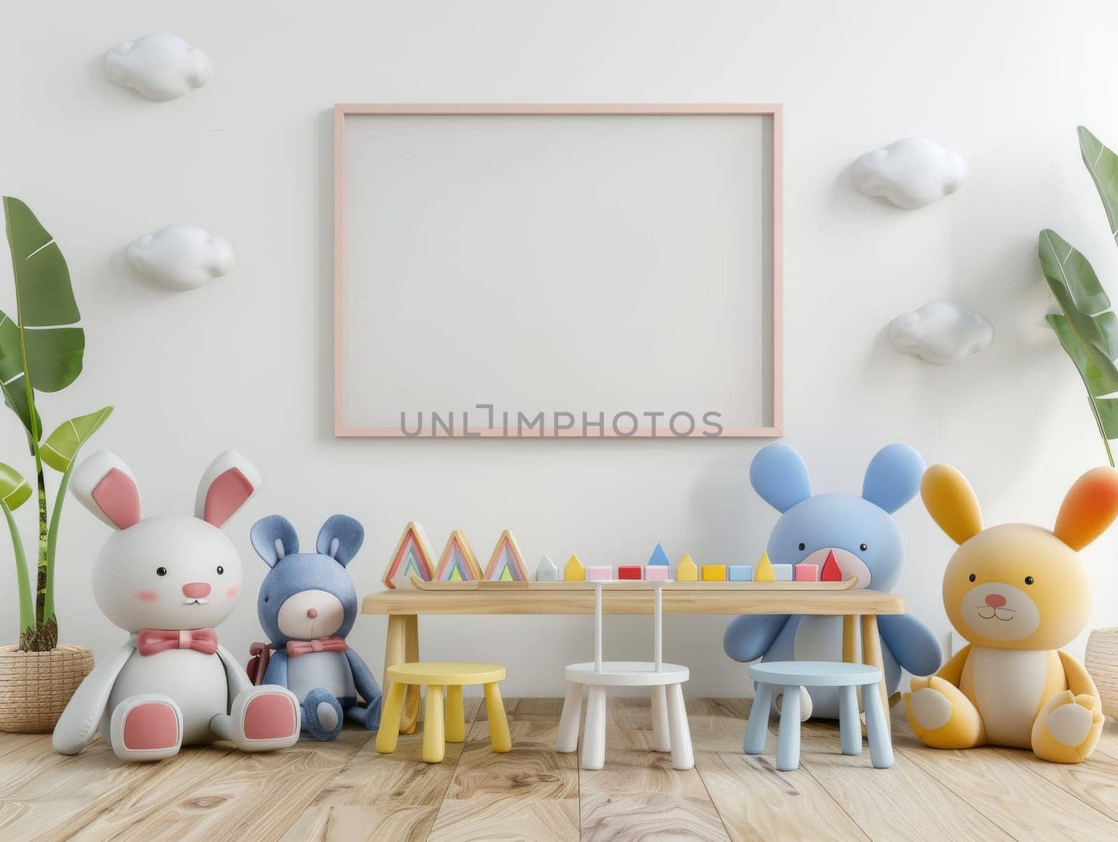 A room with a white wall and a picture frame. A blue rabbit and a pink teddy bear are sitting on chairs