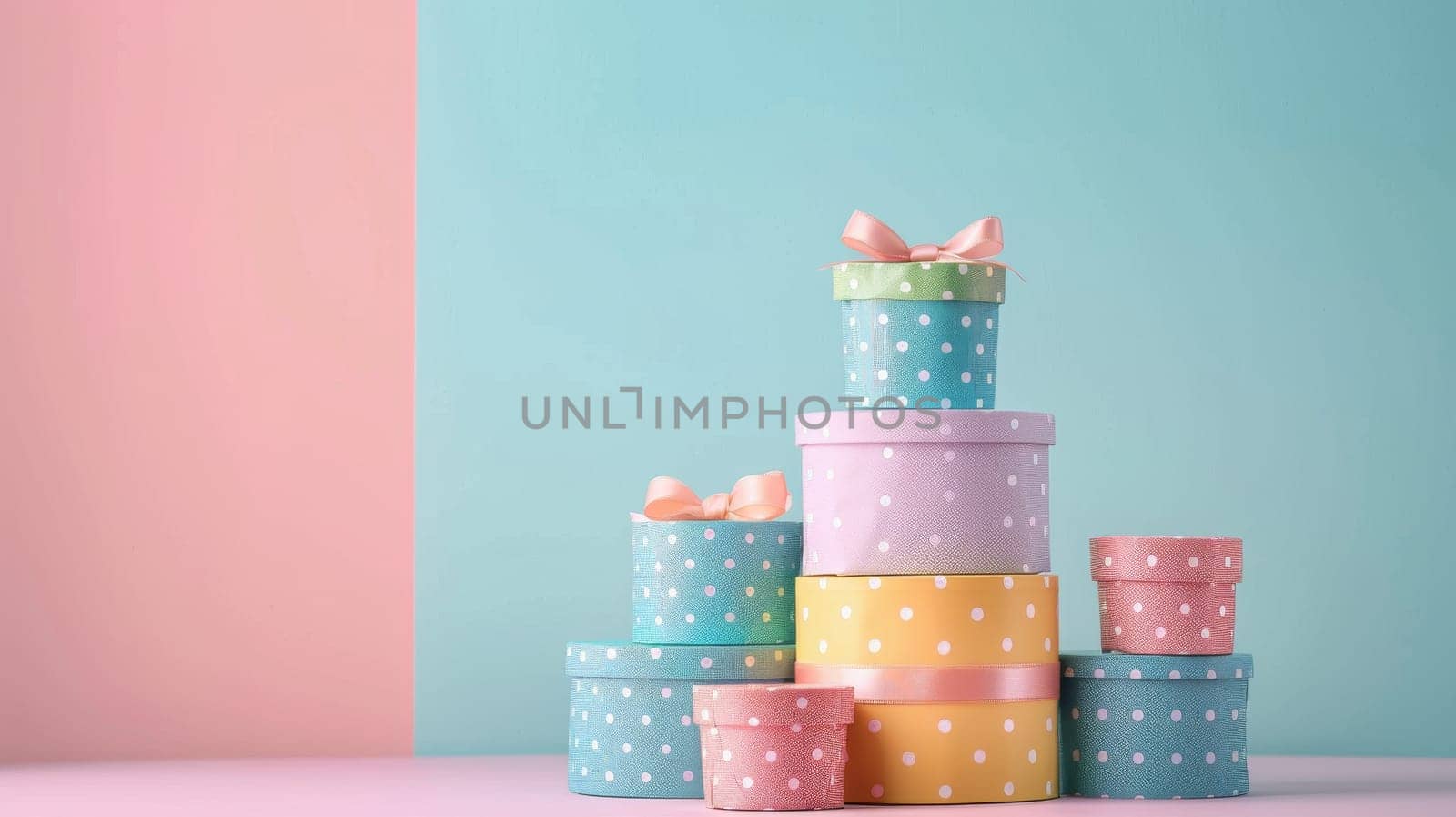 A stack of colorful boxes with polka dots on them. The boxes are piled on top of each other, creating a tower. The colors of the boxes are pink, yellow, and purple. Concept of celebration and joy