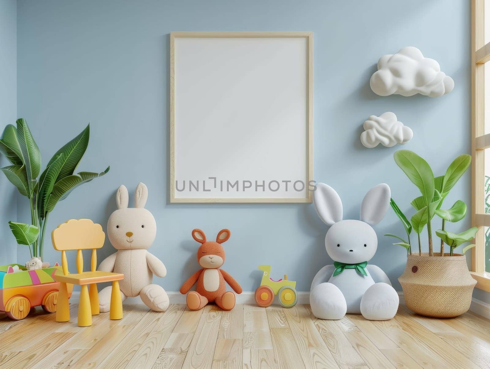 A room with a white wall and a picture frame. A blue rabbit and a pink teddy bear are sitting on chairs